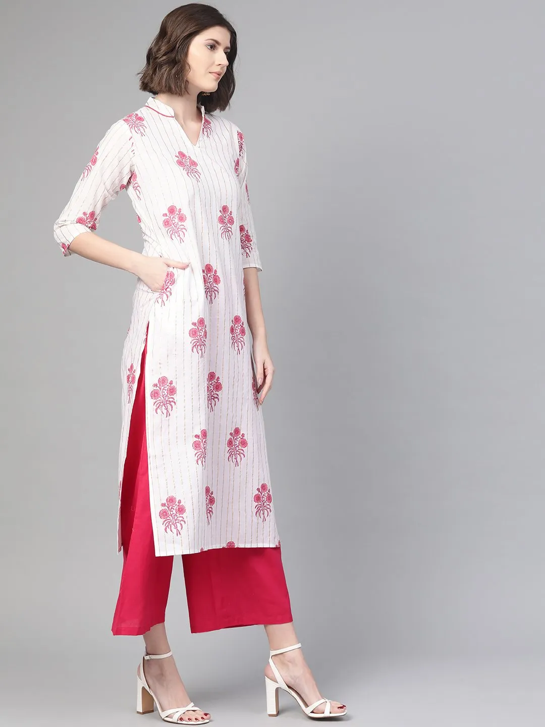 Women White & Pink Cotton Straight Floral Printed Kurta