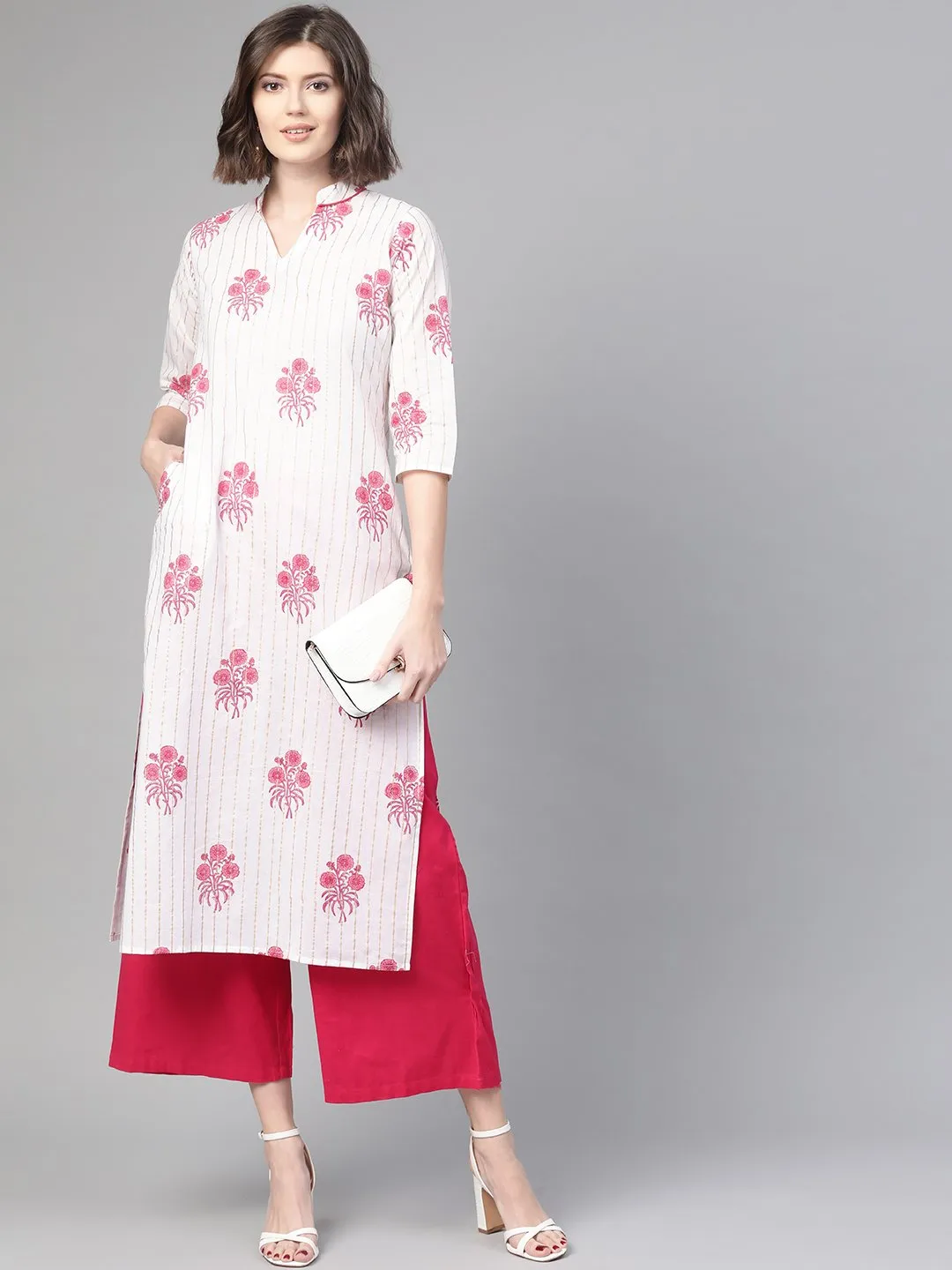 Women White & Pink Cotton Straight Floral Printed Kurta