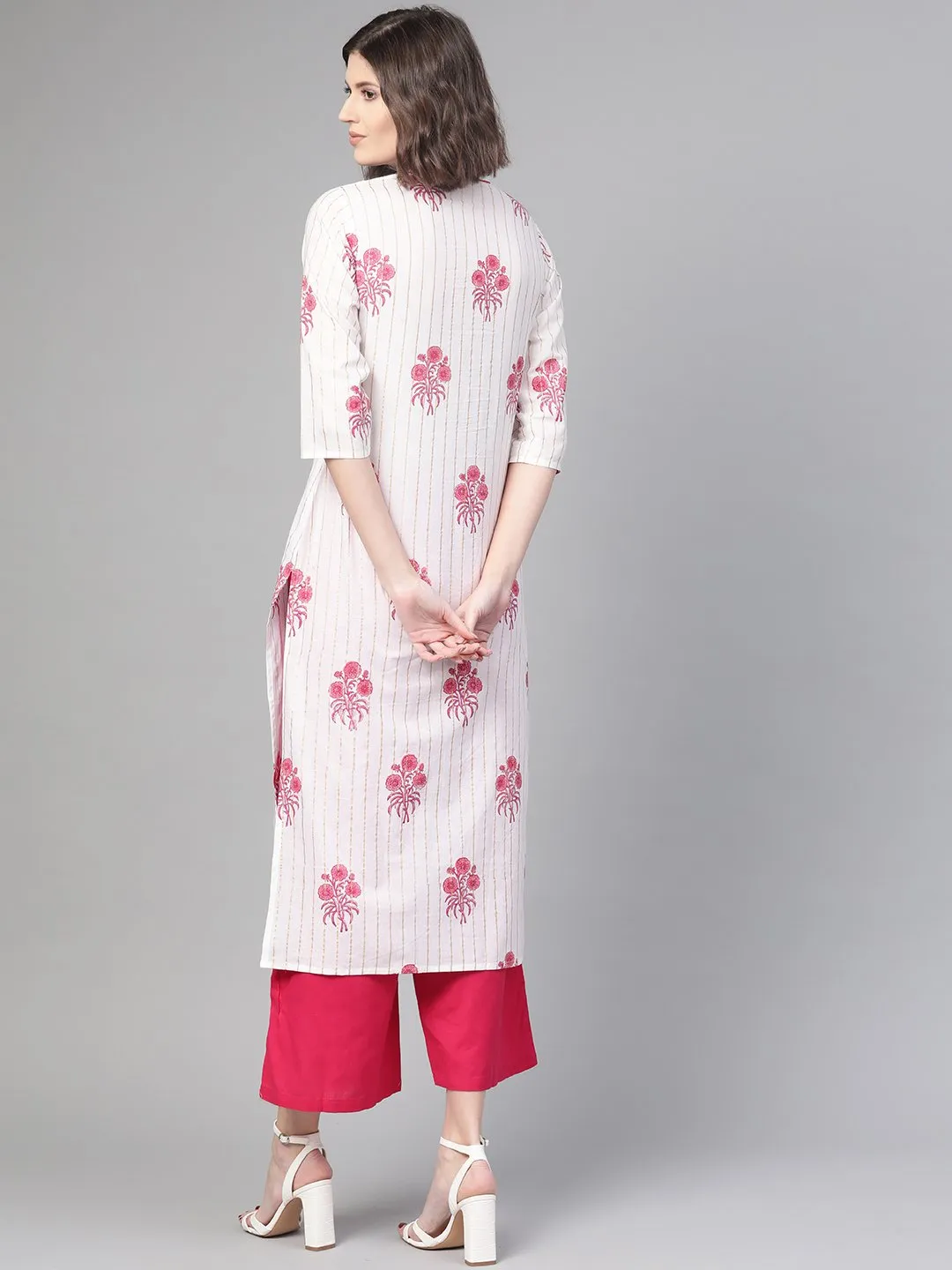 Women White & Pink Cotton Straight Floral Printed Kurta