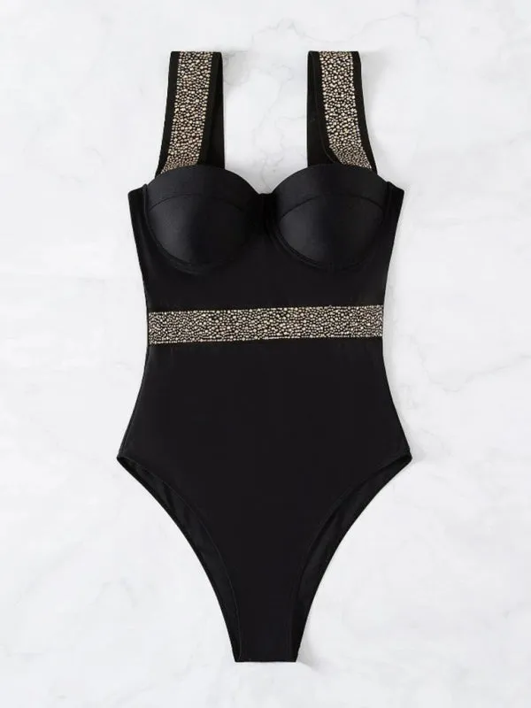 Women's rivet decor push-up one-piece swimwear