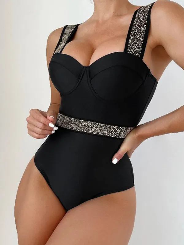 Women's rivet decor push-up one-piece swimwear